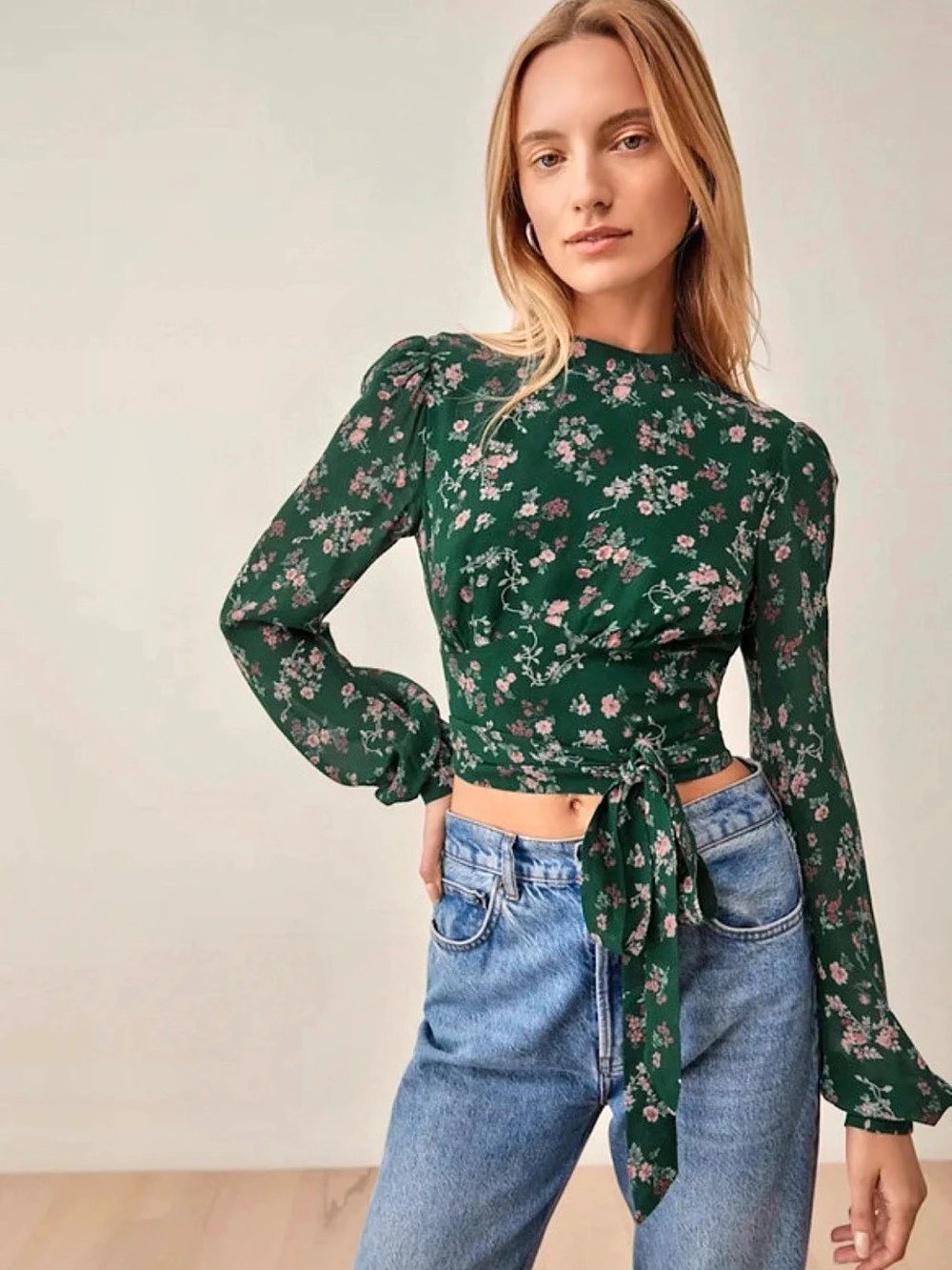 Reformation Raye Top Floral Tie-Front Cropped Top in Green & Pink